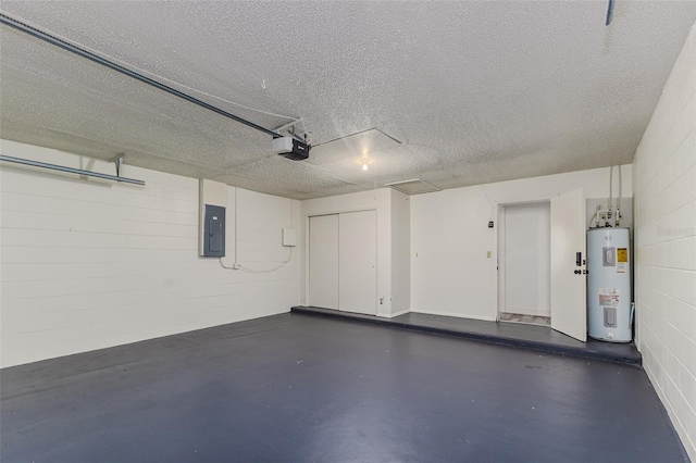 garage with a garage door opener, electric panel, and water heater