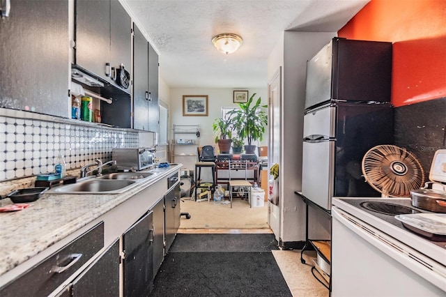 kitchen featuring sink, decorative backsplash, a textured ceiling, and white range with electric cooktop