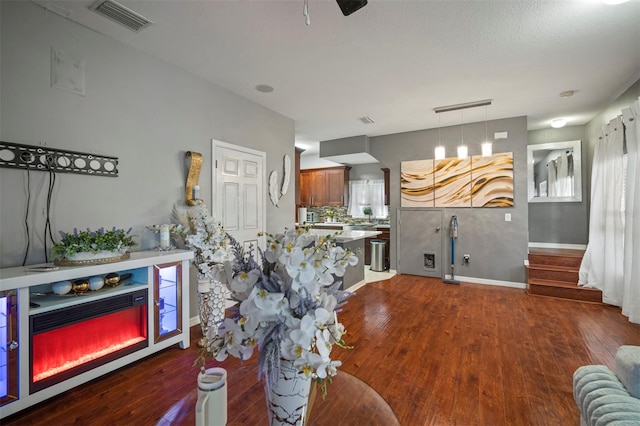 living room featuring plenty of natural light and dark hardwood / wood-style flooring