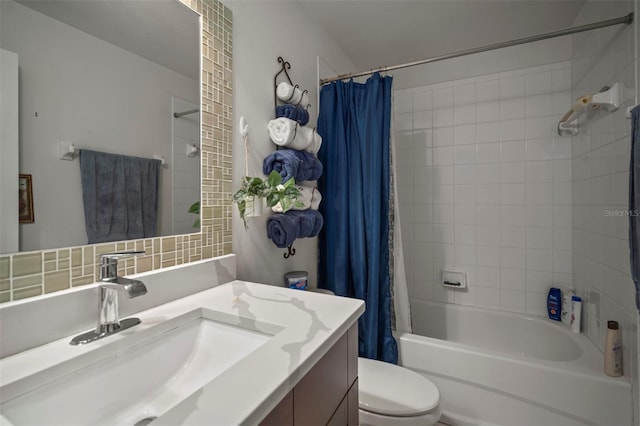 full bathroom featuring shower / bath combination with curtain, vanity, toilet, and decorative backsplash