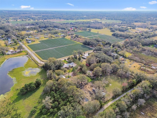 birds eye view of property with a water view and a rural view