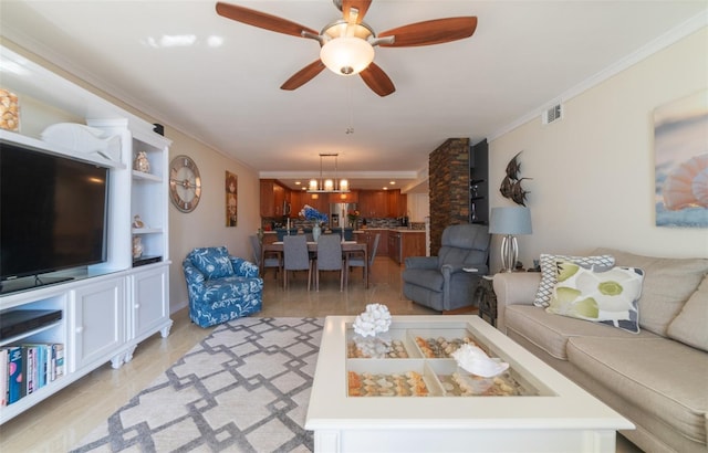 living room with crown molding and ceiling fan with notable chandelier