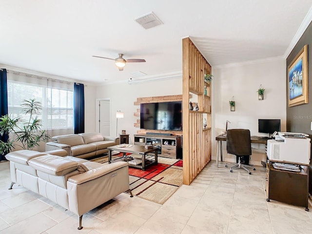 living room featuring crown molding and ceiling fan