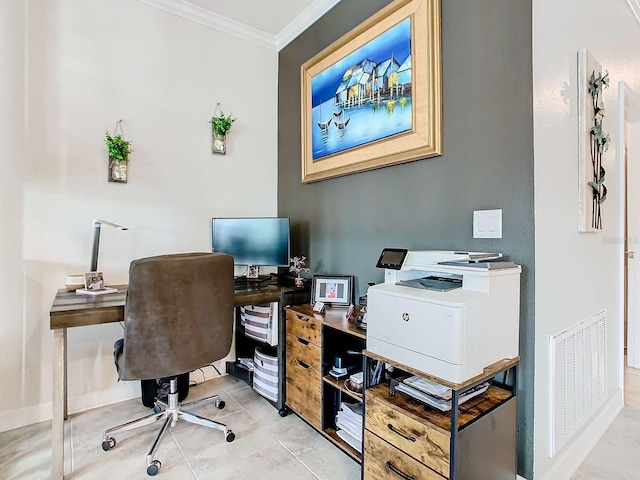 office space featuring light tile patterned flooring and ornamental molding