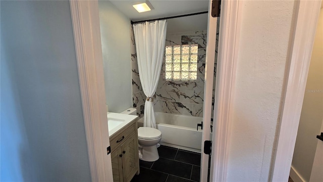 full bathroom with shower / bath combination with curtain, vanity, toilet, and tile patterned flooring