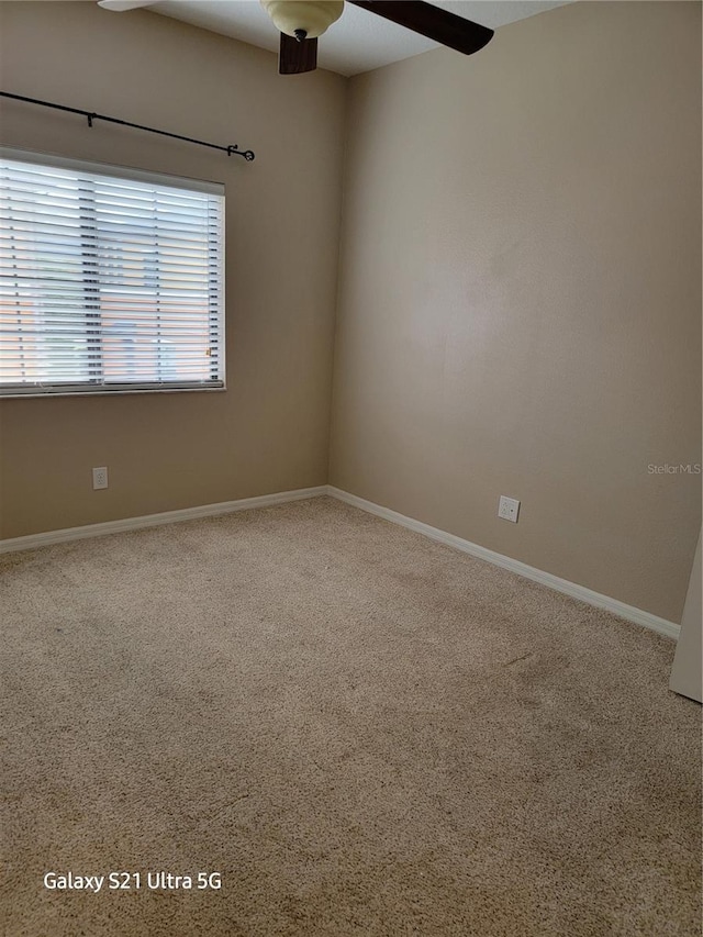 empty room featuring ceiling fan and carpet