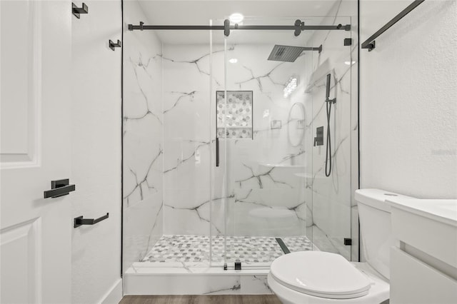 bathroom with vanity, an enclosed shower, and toilet