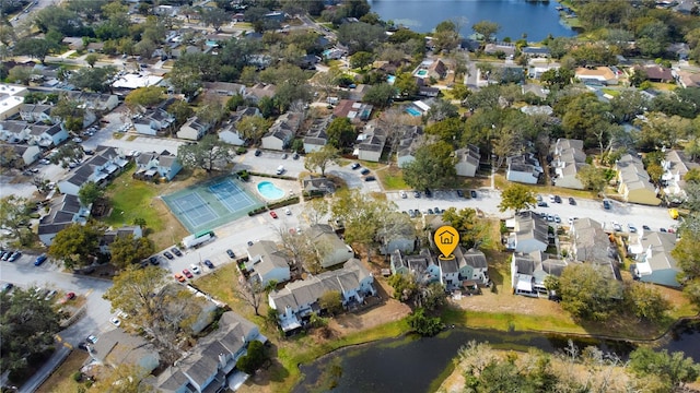 drone / aerial view featuring a water view