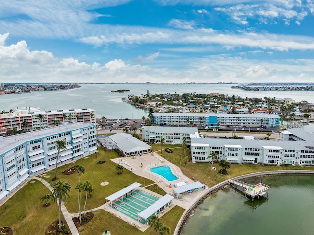 aerial view featuring a water view