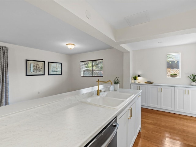 kitchen featuring a healthy amount of sunlight, sink, stainless steel dishwasher, and white cabinets