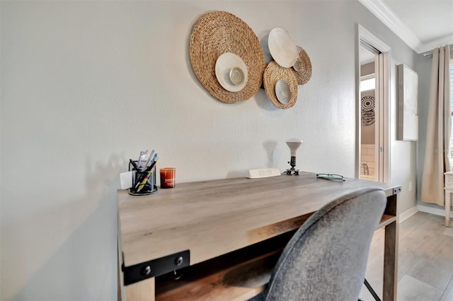 office featuring crown molding and hardwood / wood-style flooring