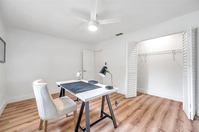 office area with ceiling fan and light wood-type flooring