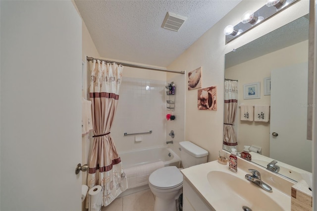 bathroom with shower / tub combo, visible vents, toilet, a textured ceiling, and vanity