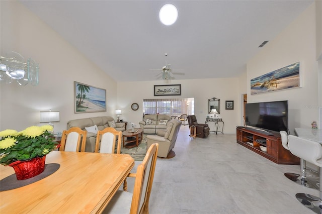 dining room with high vaulted ceiling, visible vents, and a ceiling fan