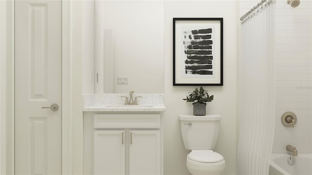 full bathroom featuring vanity, shower / tub combo with curtain, and toilet