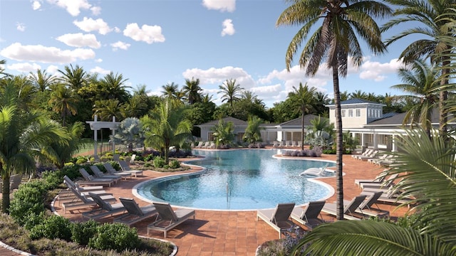 view of swimming pool featuring a patio area