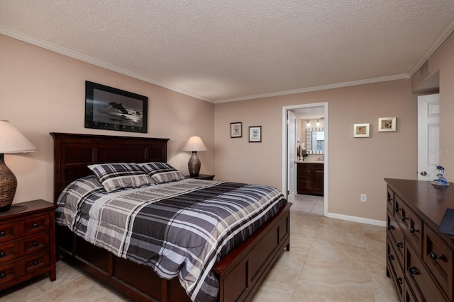 bedroom featuring crown molding, ensuite bathroom, and a textured ceiling