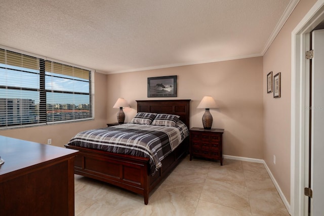 bedroom with crown molding and a textured ceiling