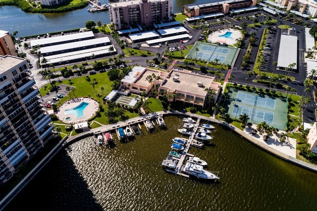 birds eye view of property featuring a water view