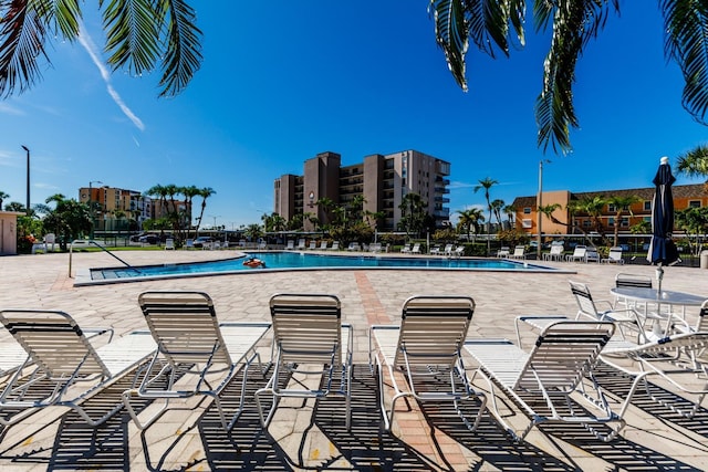 view of swimming pool with a patio