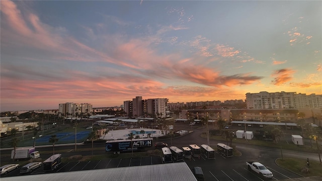 view of aerial view at dusk