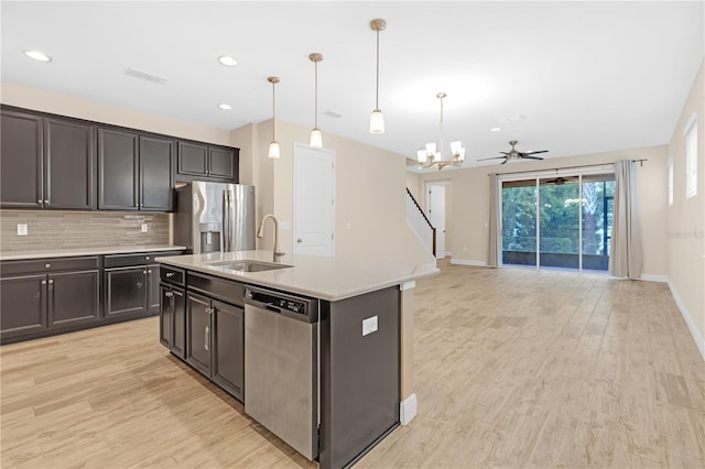 kitchen with appliances with stainless steel finishes, decorative light fixtures, tasteful backsplash, an island with sink, and sink