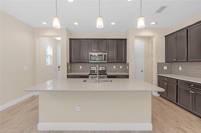 kitchen featuring stainless steel appliances, sink, a center island with sink, and decorative light fixtures