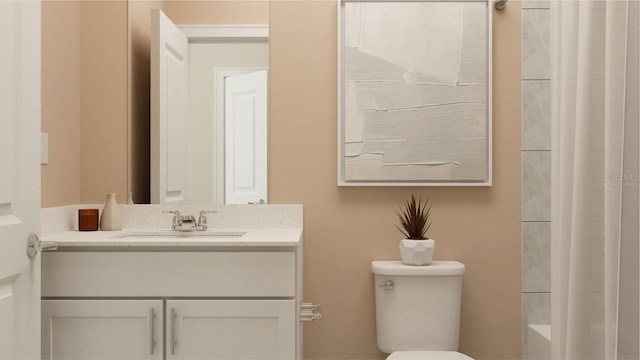 bathroom featuring walk in shower, vanity, and toilet