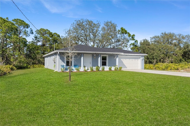 ranch-style house with a garage and a front yard