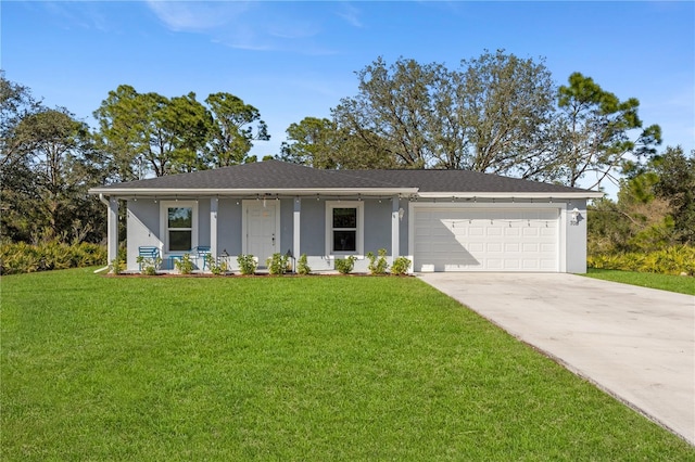 ranch-style home featuring a garage, covered porch, and a front lawn