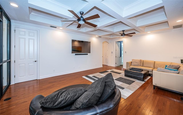 living room with crown molding, ceiling fan, beam ceiling, coffered ceiling, and dark hardwood / wood-style flooring