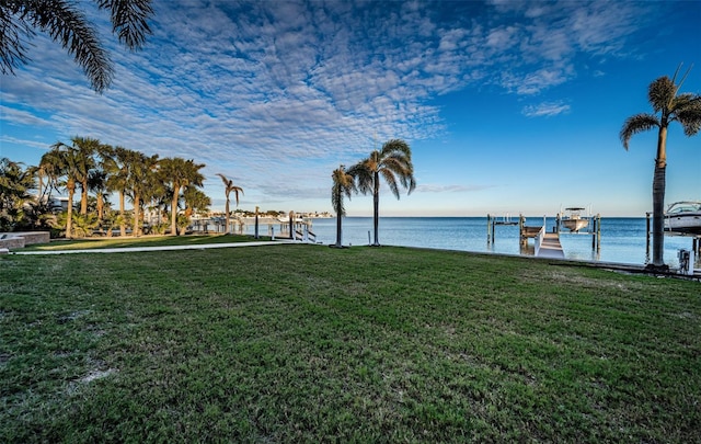 view of yard with a water view and a boat dock