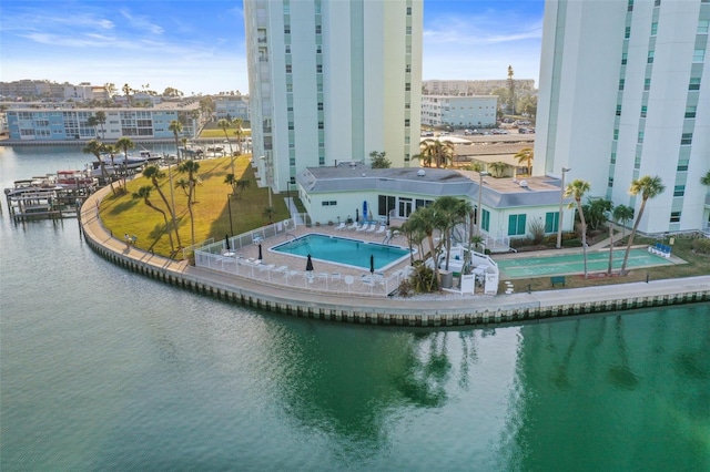 aerial view featuring a water view