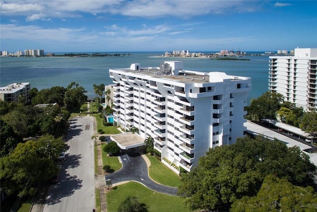 aerial view featuring a water view