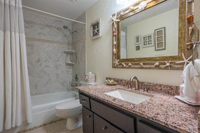 full bathroom featuring vanity, toilet, tile patterned flooring, and shower / bath combo with shower curtain