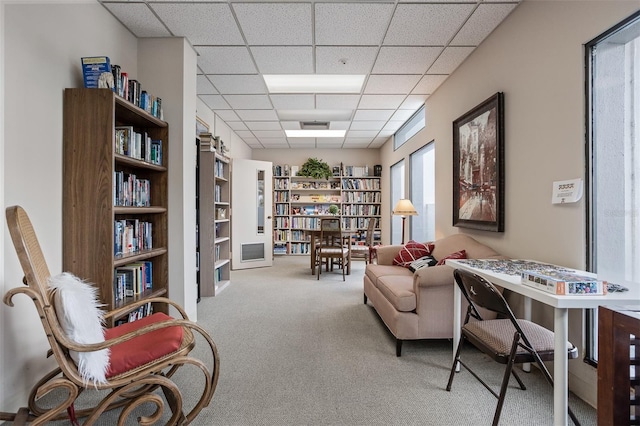 sitting room with light carpet and a drop ceiling