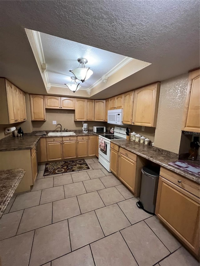 kitchen featuring white appliances, ornamental molding, sink, and a textured ceiling