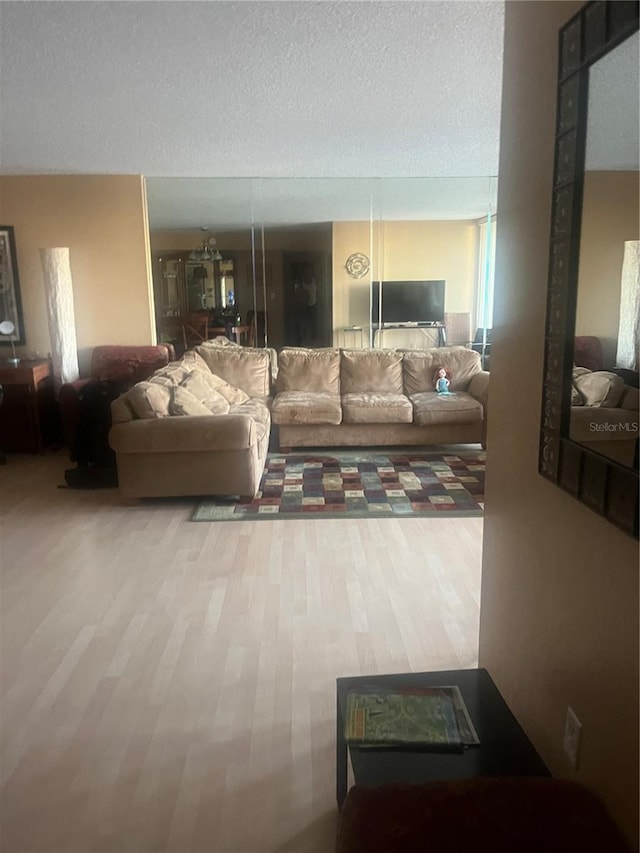 living room with hardwood / wood-style flooring and a textured ceiling