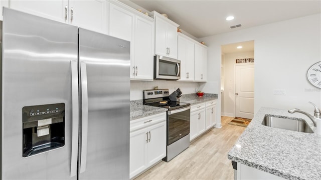 kitchen featuring white cabinetry, stainless steel appliances, sink, and light stone counters