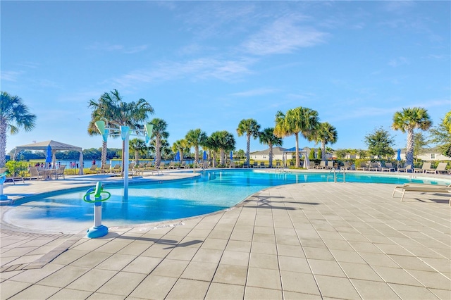 view of pool featuring a gazebo and a patio area