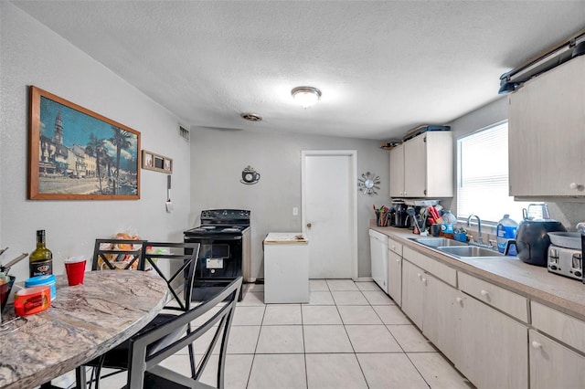 kitchen featuring sink, black electric range, a textured ceiling, light tile patterned floors, and dishwasher