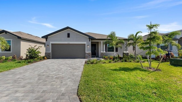 single story home with a garage and a front yard