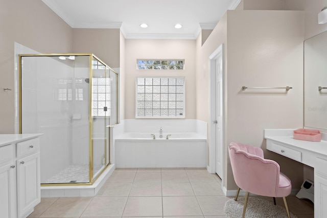 bathroom with crown molding, vanity, independent shower and bath, and tile patterned flooring