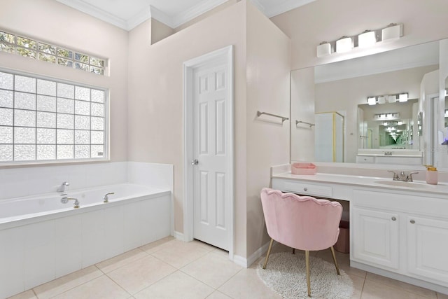 bathroom featuring vanity, tile patterned floors, ornamental molding, and separate shower and tub