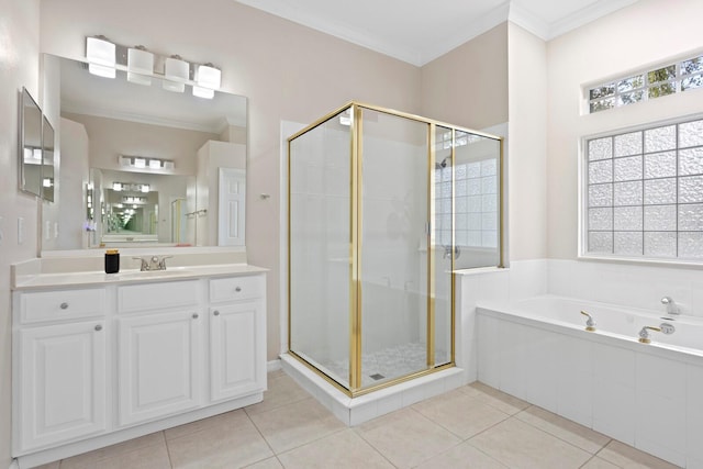 bathroom with crown molding, tile patterned floors, and plus walk in shower