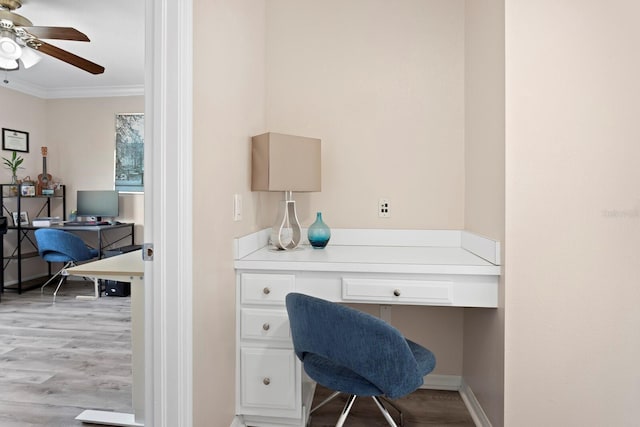 office space with ornamental molding, built in desk, ceiling fan, and light wood-type flooring