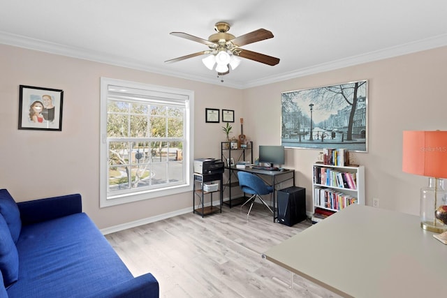 office featuring crown molding, light hardwood / wood-style flooring, and ceiling fan