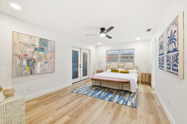 bedroom with french doors, ceiling fan, access to exterior, and light hardwood / wood-style flooring