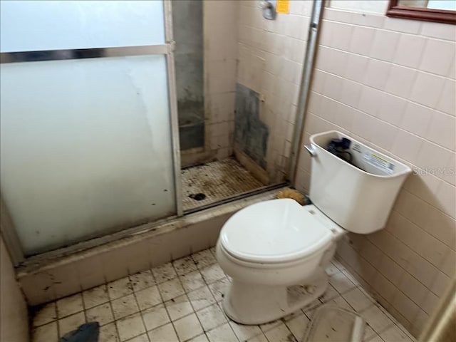bathroom with tile walls, toilet, and a stall shower