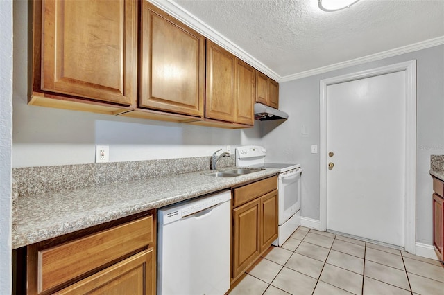 kitchen featuring white appliances, ornamental molding, sink, and a textured ceiling